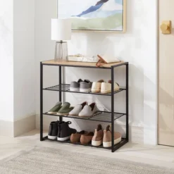 Brightroom Sales Store 13 4 Tier Shoe Rack Black Metal With Natural Wood - Brightroom™