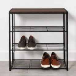 Brightroom Sales Store 28 4 Tier Shoe Rack Black Metal With Walnut Wood - Brightroom™